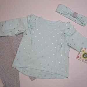 Little Me baby girls 3 piece mint jersey knit outfit size 3 mo silver polka dots